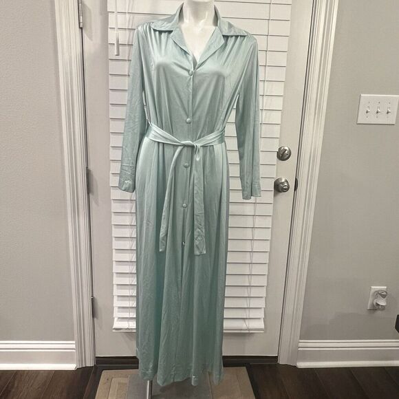 Vintage VANITY FAIR Nylon ROBE Sz 14 Blue Belted Elastic Waist Button Nightgown - Picture 1 of 11